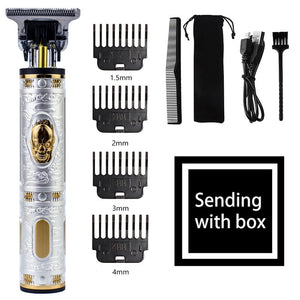 Vintage Skull Design Cordless Hair Trimmer - Professional Grooming Kit with Adjustable Guards, USB Charging, and Accessories

Stand out with this&nbsp;Vintage Skull Design Cordless Hair Trimmer. Featuring an ornate metal casing with a striking gold skull emblem, this trimmer offers both unique style and high performance, perfect for detailed grooming and self-expression.