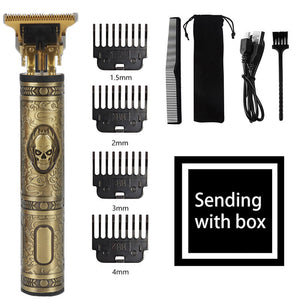 Vintage Skull Design Cordless Hair Trimmer (Gold)- Professional Grooming Kit with Adjustable Guards, USB Charging, and Accessories

Stand out with this&nbsp;Vintage Skull Design Cordless Hair Trimmer. Featuring an ornate metal casing with a striking gold skull emblem, this trimmer offers both unique style and high performance, perfect for detailed grooming and self-expression.