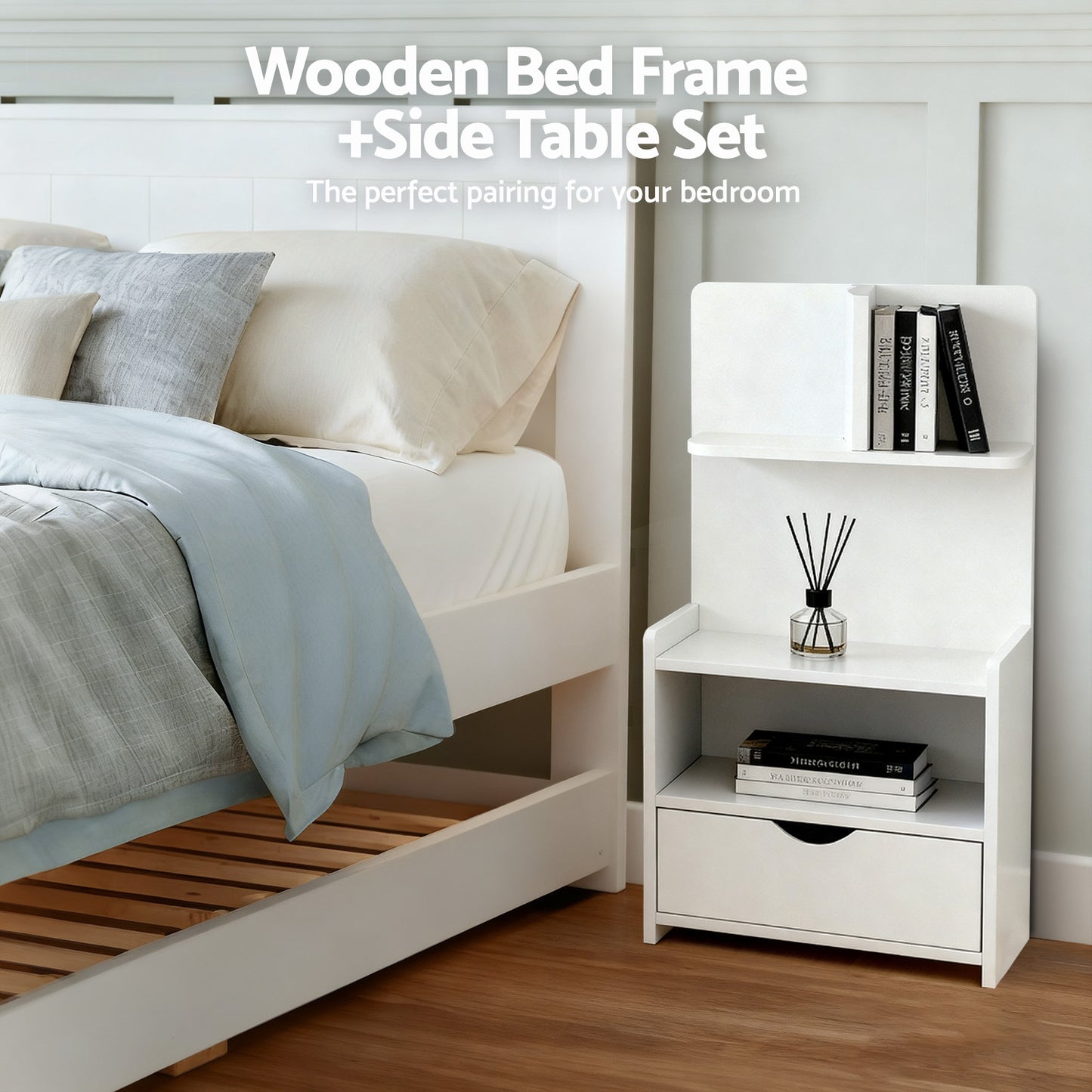 Artiss King Single Bed Frame and Bedside Table White