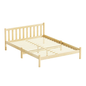 Double size wooden bed frame with a headboard and a slatted base, painted in a natural oak color.