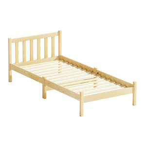 Single size wooden oak bed frame with headboard and slatted base.