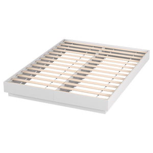 Wooden bed frame with slats on a white background