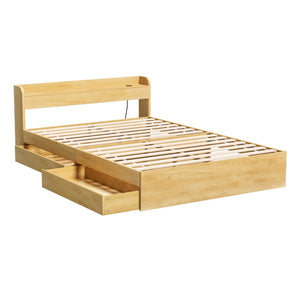 Wooden bed frame with storage drawers on a white background