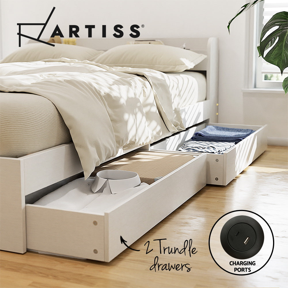 Bed with trundle drawers and charging ports, featuring the Artiss brand.
