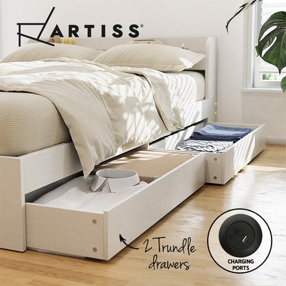 Bed with trundle drawers and charging ports, featuring the Artiss brand.