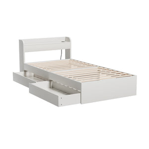 White bed frame with wooden slats and a drawer on a white background