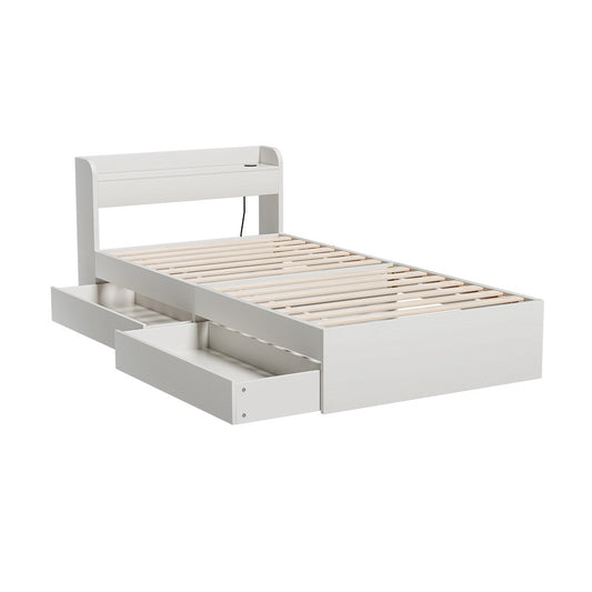 White bed frame with wooden slats and a drawer on a white background