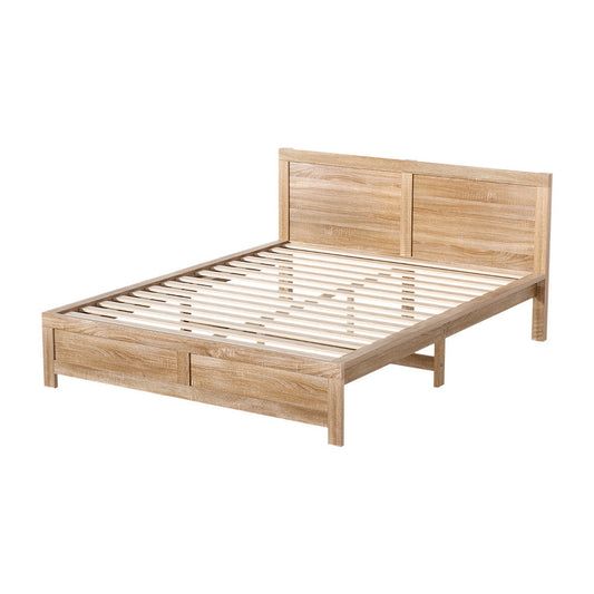 Wooden bed frame with slatted design on a white background