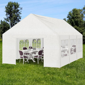 Event Marquee Gazebo Party Wedding Tent - White

Ideal for various outdoor gatherings and celebrations, this versatile event tent accommodates any setting. With the option to easily attach or remove panels on each side, you can create a spacious and open design. The end wall features a zip-up door with a clearance of 1.8m, which can be secured open or closed. Made from fully water-resistant materials, this tent boasts a 10cm roof overhang to ensure effective rain runoff. Sturdy 38mm enamel-coated steel pole