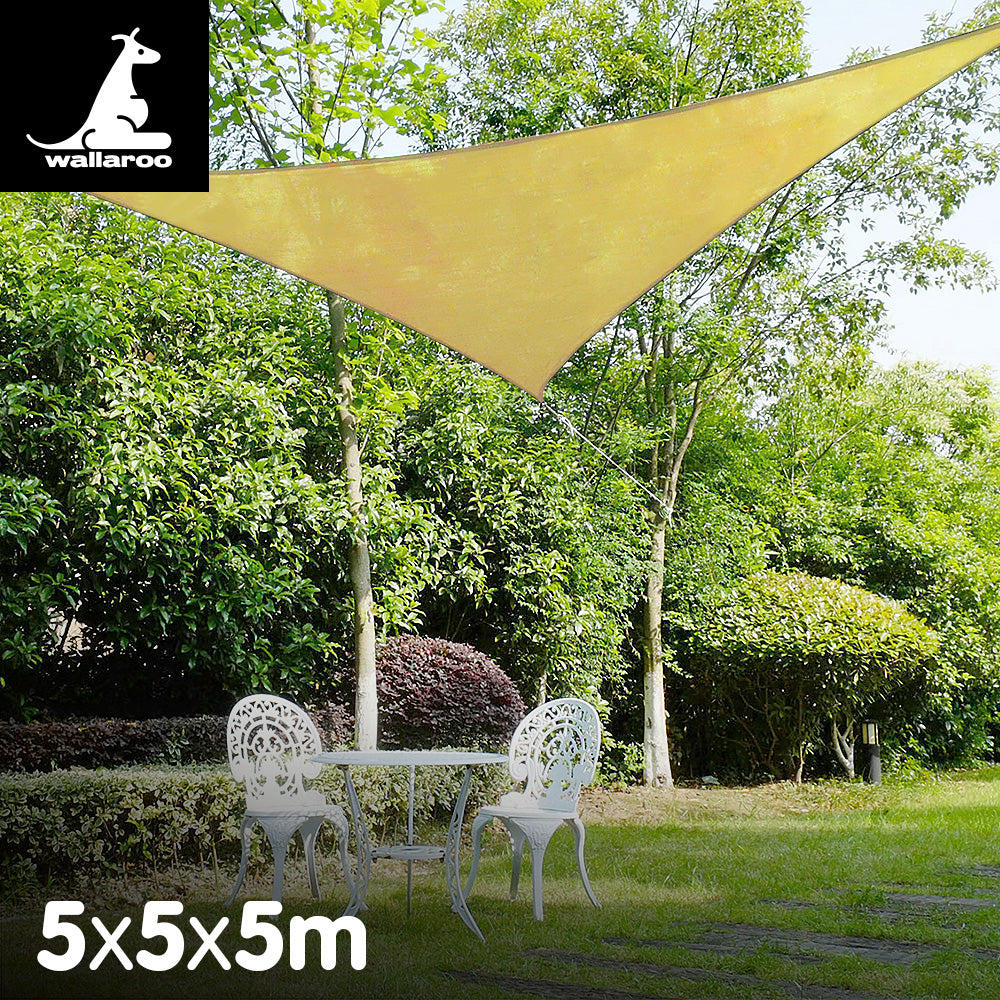 Sun Shade Sail 5m x 5m x 5m - Sand

The Wallaroo Triangle Shade Sail 5m x 5m x 5m - Sand is the perfect addition for backyard picnics during scorching summer days. With its breathable fabric construction, it effectively reduces temperatures and creates a cool, shady retreat. Stay protected from the sun's rays this season with a shade sail. These convenient and easy-to-install sails can be easily cleaned with a hose, providing optimal convenience. Ideal for covering patios, courtyards, playgrounds, parking l
