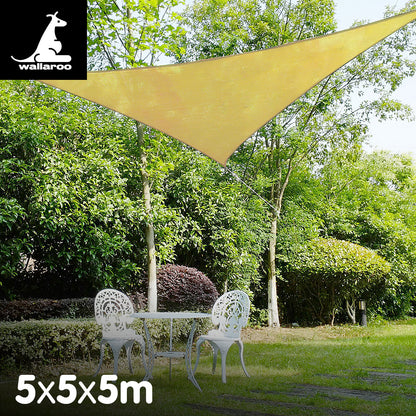 Sun Shade Sail 5m x 5m x 5m - Sand

The Wallaroo Triangle Shade Sail 5m x 5m x 5m - Sand is the perfect addition for backyard picnics during scorching summer days. With its breathable fabric construction, it effectively reduces temperatures and creates a cool, shady retreat. Stay protected from the sun's rays this season with a shade sail. These convenient and easy-to-install sails can be easily cleaned with a hose, providing optimal convenience. Ideal for covering patios, courtyards, playgrounds, parking l