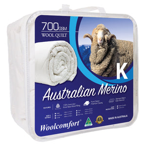 Woolcomfort Aus Made Merino Wool Quilt 700GSM 240x210cm King Size

Crafted with 100% pure new Australian Merino Wool and natural cotton fabric, the Australian-made 700GSM Woolcomfort Quilt provides superior insulation, non-allergenic properties, and unmatched softness for the finest premium quilts. With 700 grams per square metre (GSM), this medium-weight quilt is fire-resistant, chemical-free, and breathable, ensuring a comfortable and restful night's sleep.