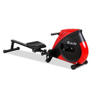 Red and black rowing machine with 'Everfit' branding on a white background