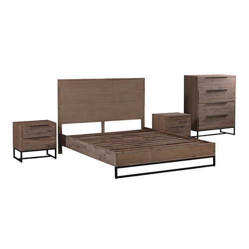 4 Pieces Bedroom Suite made in Solid Wood Acacia Veneered Queen Size Oak Colour 1XBed, 2X Bedside Table & 1XTallboy