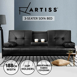 Artiss 3 Seater PU Leather Sofa Bed - Black