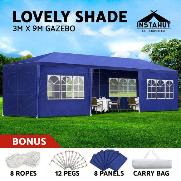 Gazebo 3x9m Outdoor Marquee side Wall Gazebos Tent Canopy Camping Blue 8 Panel