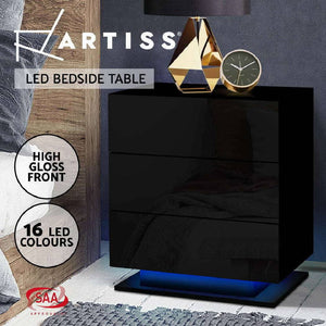 Artiss Bedside Table LED 3 Drawers - MORI Black