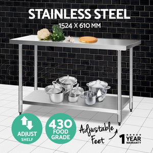 Cefito 610 x 1524mm Commercial Stainless Steel Kitchen Bench 430