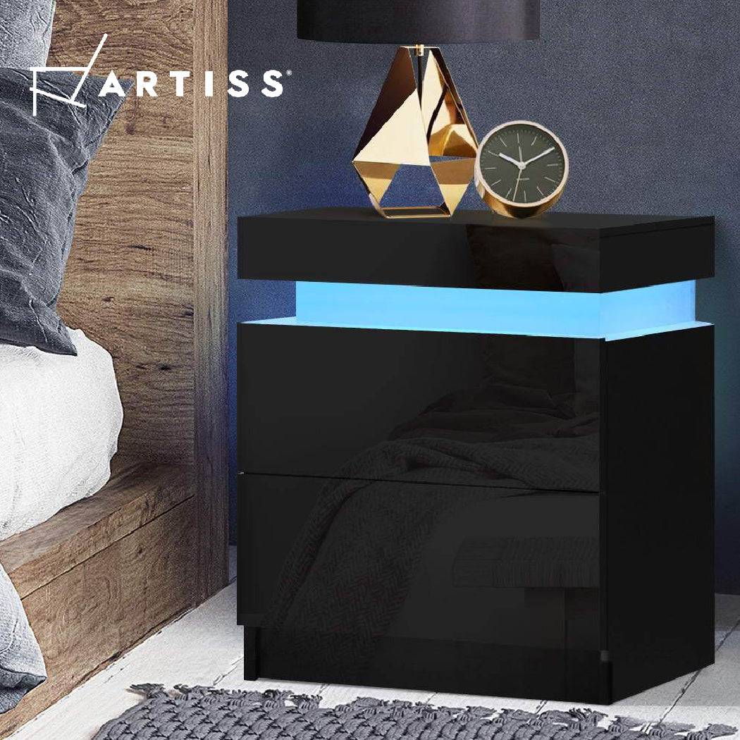 Artiss Bedside Table LED 2 Drawers Lift-up Storage - COLEY Black