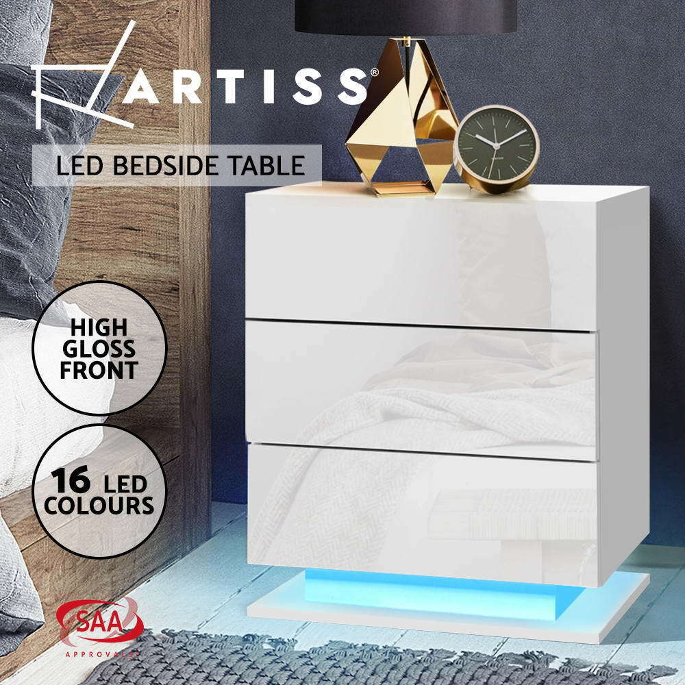 Artiss Bedside Table LED 3 Drawers - MORI White