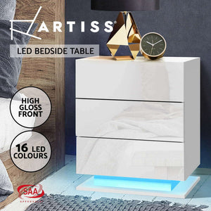 Bedside Tables Side Table RGB LED Lamp 3 Drawers Nightstand Gloss White