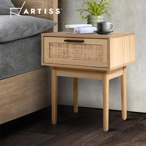 Bedside Tables Table 1 Drawer Rattan Wood Nightstand