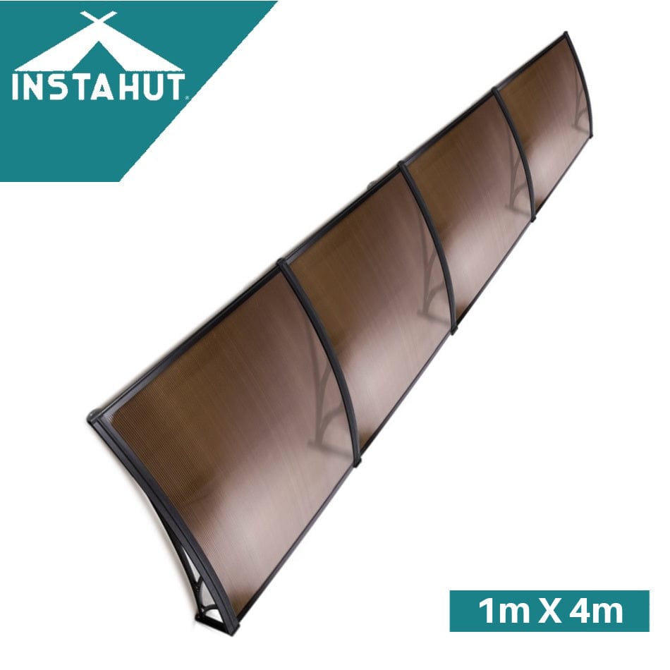 Instahut Window Awning Door Canopy 1m x 4m Brown Sheet Black Plastic Frame