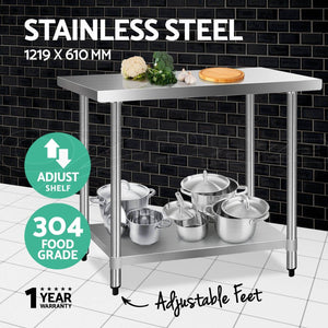 Cefito 1219 x 610mm Commercial Stainless Steel Kitchen Bench 304
