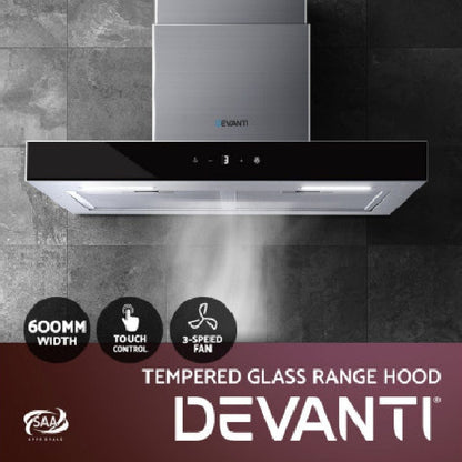 Devanti Rangehood 600mm Range Hood 60cm Stainless Steel Glass Kitchen Canopy