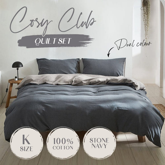Cosy Club Quilt Cover Set Cotton Duvet King Blue Dark Grey