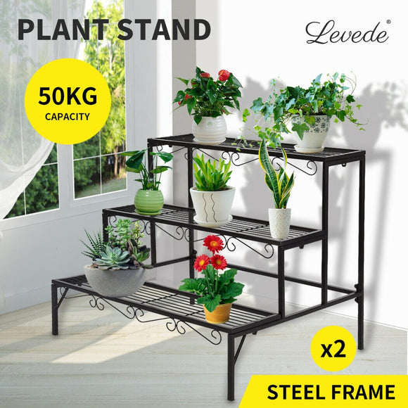 2x Levede Plant Stands Outdoor Indoor Garden Metal 3 Tier Planter Corner Shelf