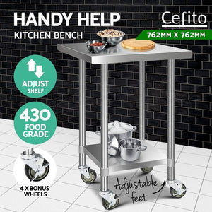 Cefito 762 x 762mm Commercial Stainless Steel Kitchen Bench with 4pcs Castor Wheels 430