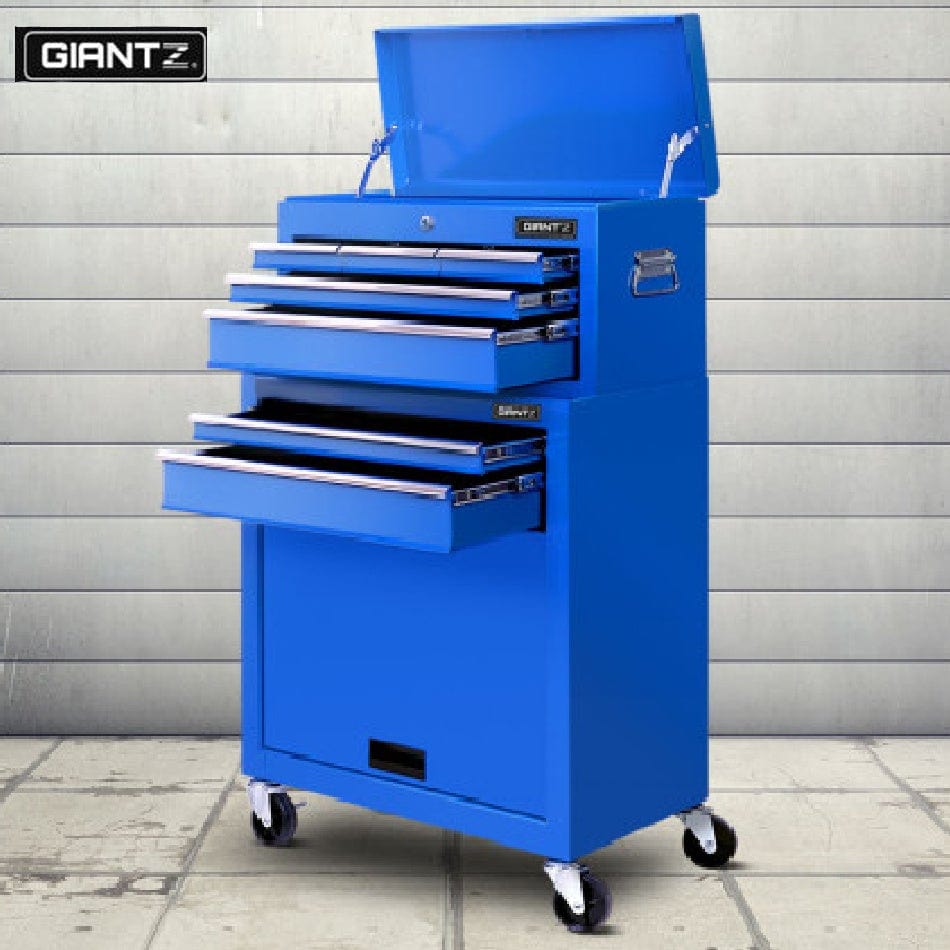 A blue Giantz 7-drawer tool trolley with various sized drawers, a closed top cabinet, and side handle on castor wheels.