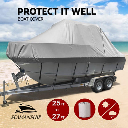 A gray Seamanship boat cover fitted on a boat, with specifications indicating the boat size, and icons suggesting protection and waterproof features.