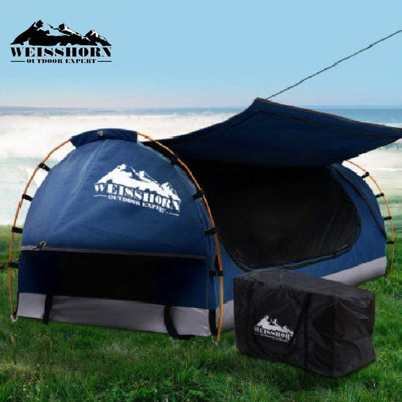Swag King Single Camping Swags Canvas Free Standing Dome Tent Dark Blue with 7CM Mattress