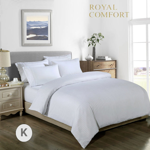 Royal Comfort 1000TC 3 Piece Striped Blended Bamboo Quilt Cover Set - King - White