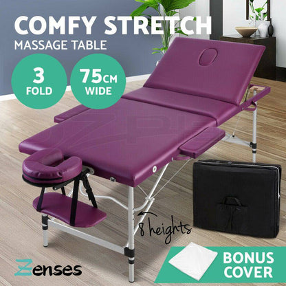 Zenses 3 Fold Portable Aluminium Massage Table Massage Bed Beauty Therapy Purple 75cm