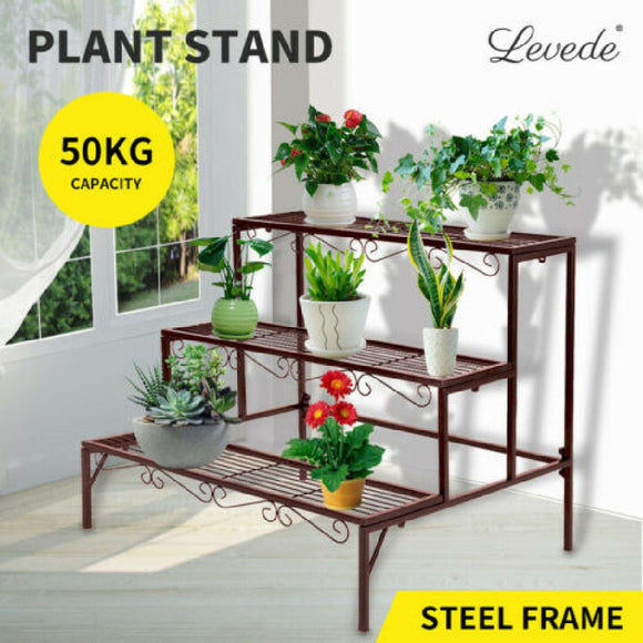 Levede Plant Stand 3 Tier Rectangle Metal Flower Pot Planter Corner Shelf Bronze