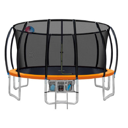 An Everfit 16-foot round trampoline with an enclosure safety net and ladder in orange color.