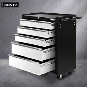 A Giantz tool box trolley with multiple drawers, in black and grey colors, featuring a side handle and wheels for mobility.