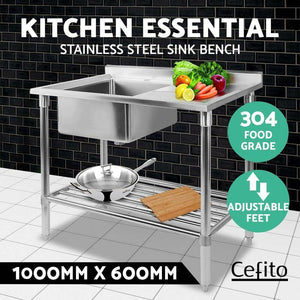 Cefito 100x60cmx90 Commercial Stainless Steel Sink Kitchen Bench