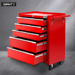 A red Giantz 5-drawer mechanic tool box storage trolley with a side handle and castors, with multiple drawers of varying sizes, some of which are open, displaying a clean, empty interior.