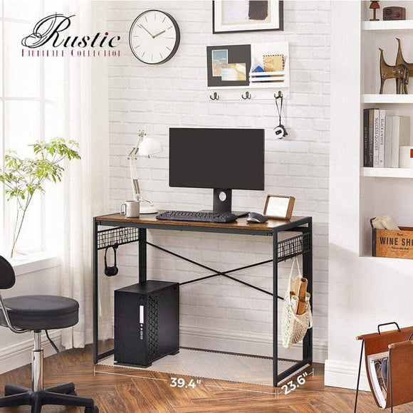 Computer Desk with 8 Hooks Rustic Brown and Black