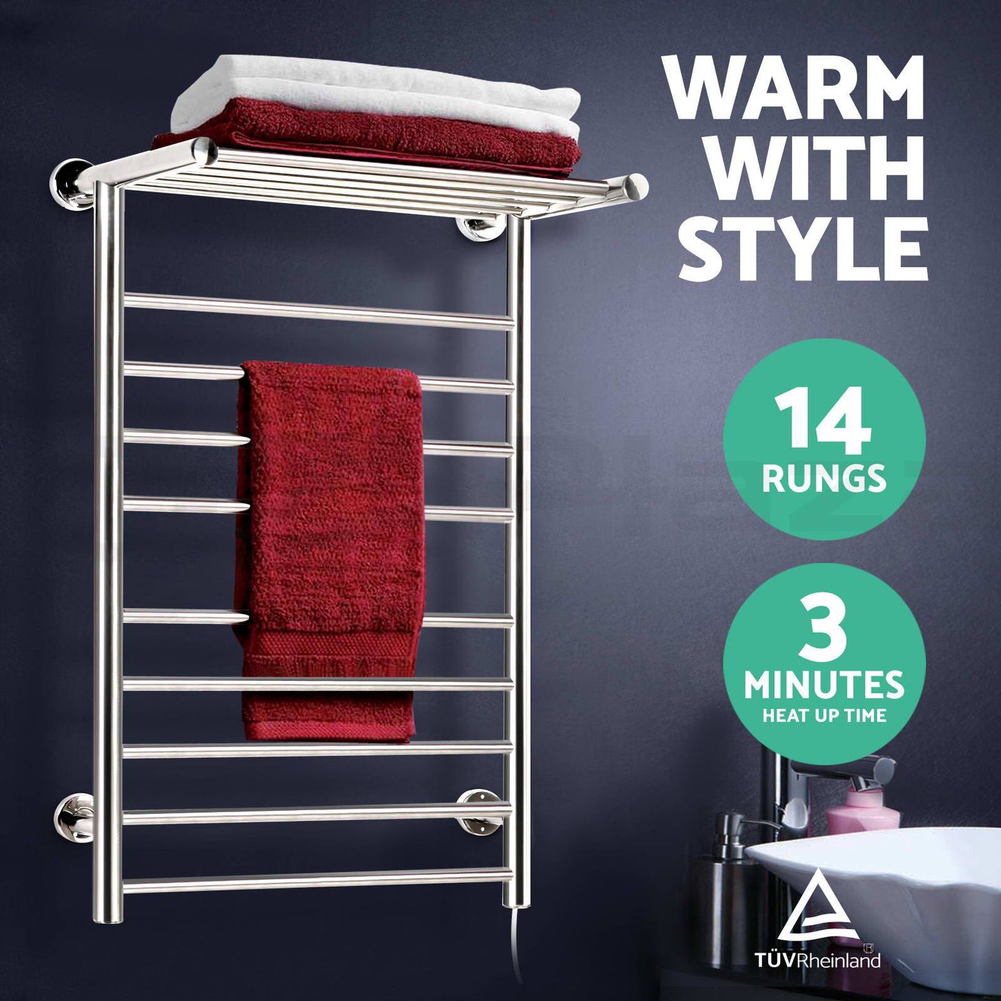 Devanti Electric Heated Towel Rack Warmer Heater Rails Rack Wall Mounted 14 Bar