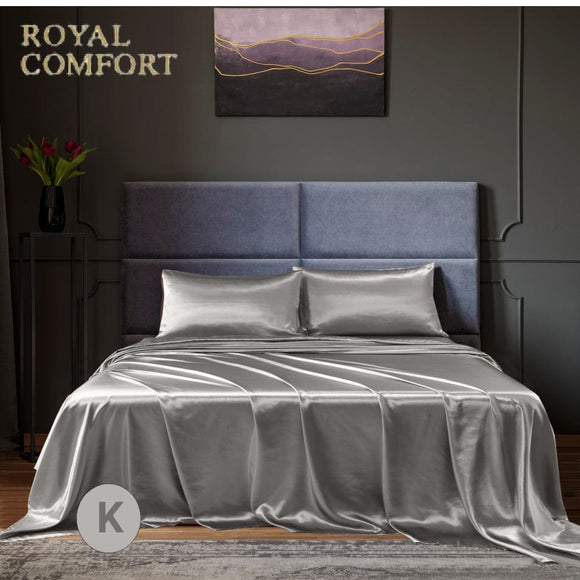 Royal Comfort Satin Sheet Set 4 Piece Fitted Flat Sheet Pillowcases  - King - Charcoal