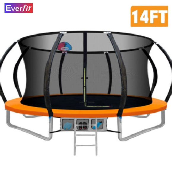 Everfit 14FT Trampoline for Kids w/ Ladder Enclosure Safety Net Rebounder Orange