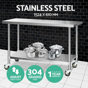 Cefito 304 Stainless Steel Kitchen Benches Work Bench Food Prep Table with Wheels 1524MM x 610MM