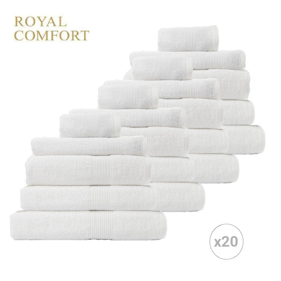 Royal Comfort 20 Piece Cotton Bamboo Towels Bundle Set 450GSM Luxurious Absorbent - White