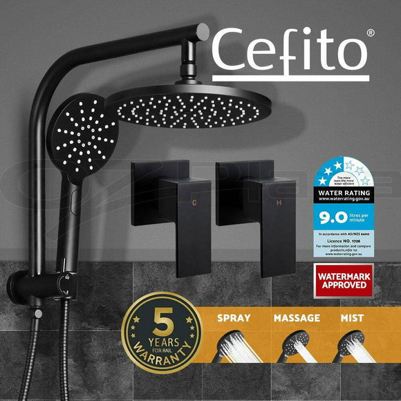 Cefito WELS 9'' Rain Shower Head Taps Round Handheld High Pressure Wall Black