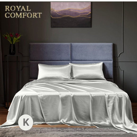 Royal Comfort Satin Sheet Set 4 Piece Fitted Flat Sheet Pillowcases  - King - Silver